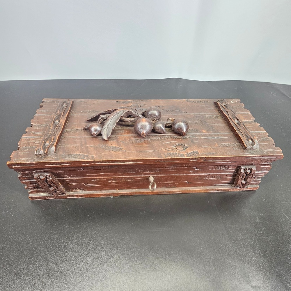 Antique large Swiss 10.5" Treasure Chest Black Forest Jewelry Box  Trinket w Key